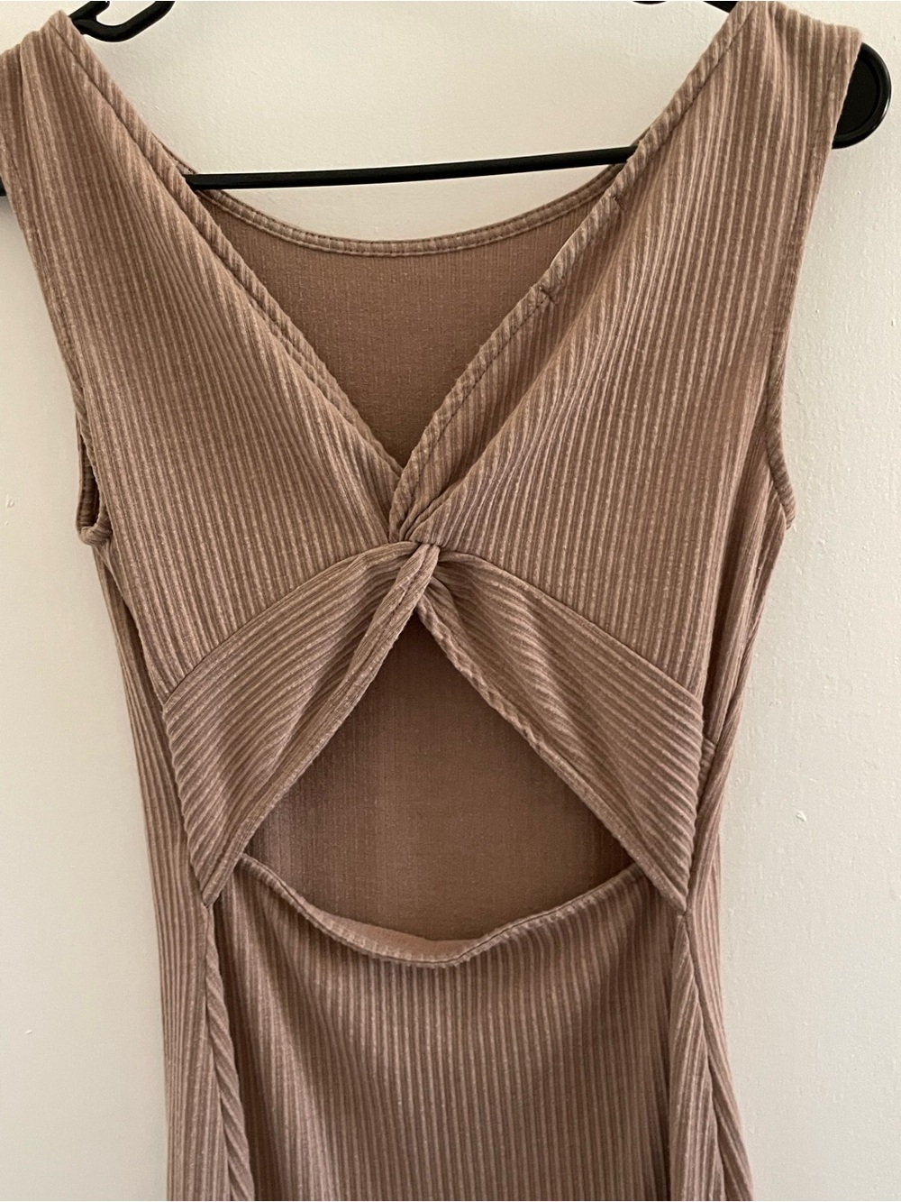 Antistar Twist-Front Ribbed Maxi Dress with Cut Out in Taupe